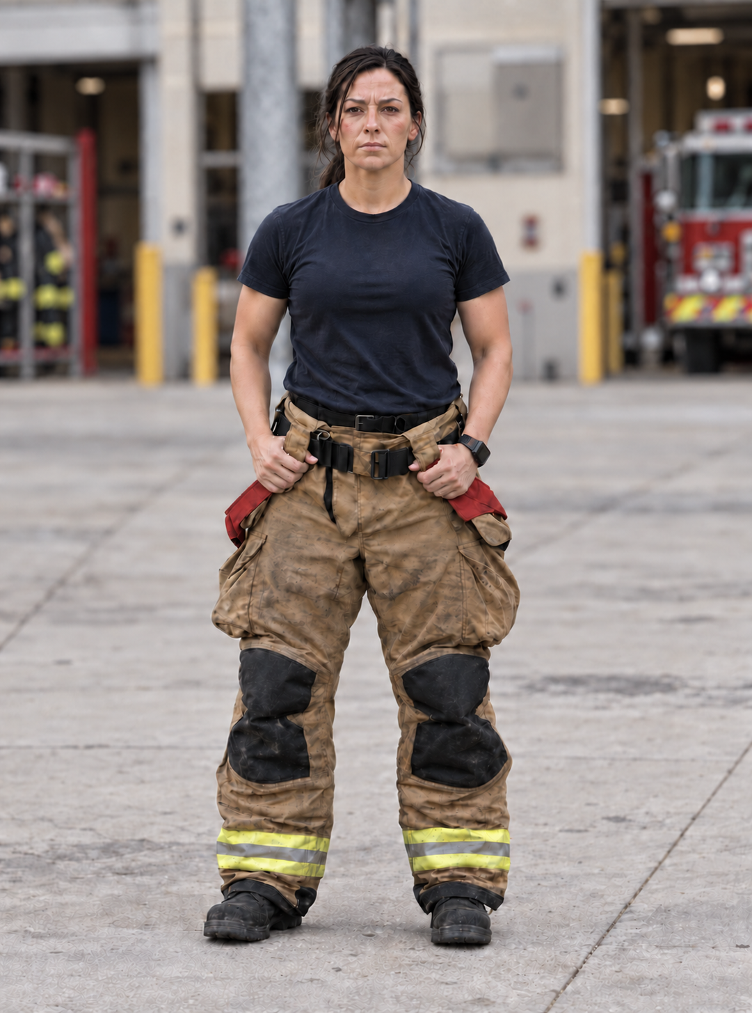 Firefighter standing in turnout trousers outside the station