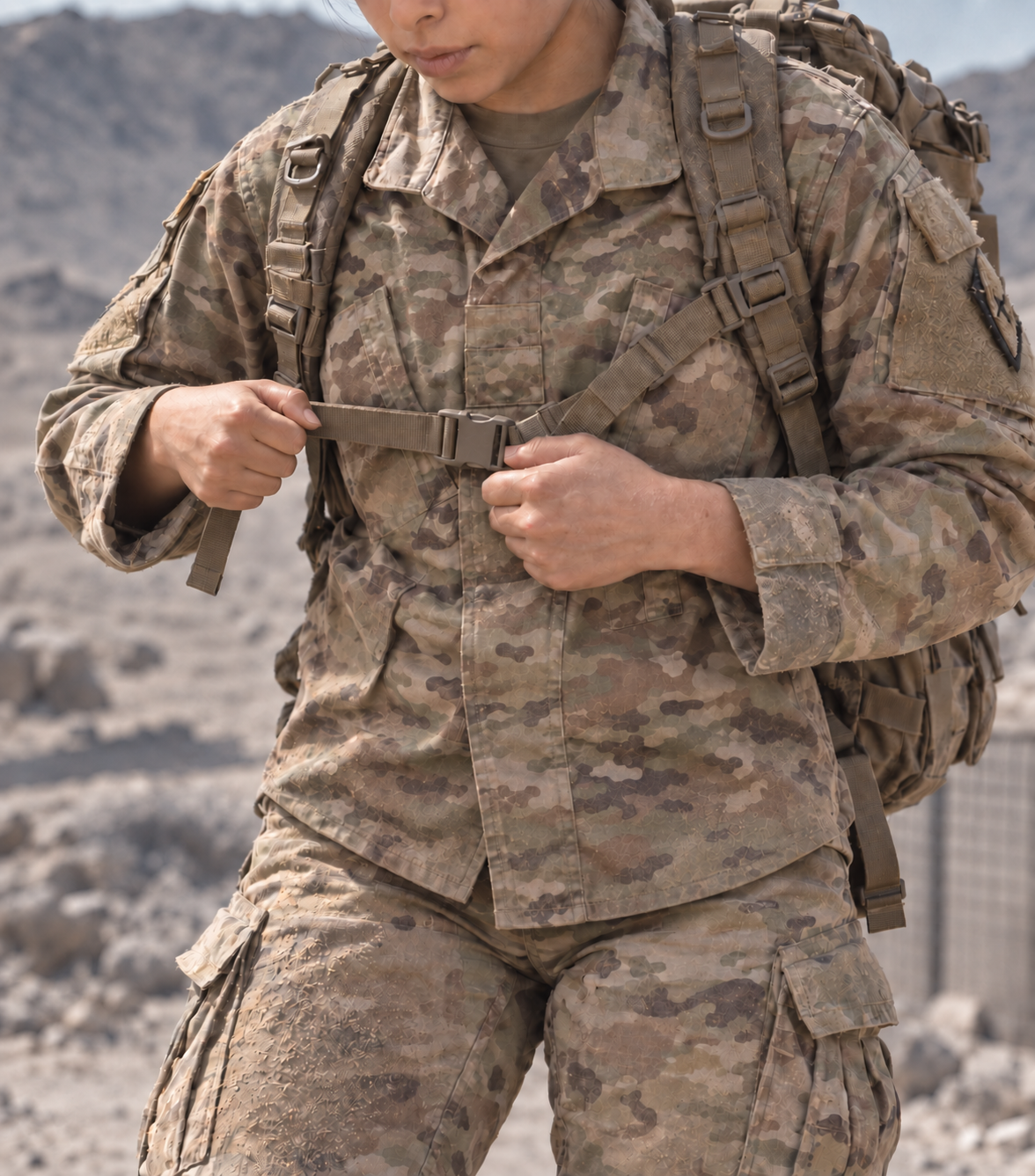 Soldier cinching a rucksack strap in arid terrain