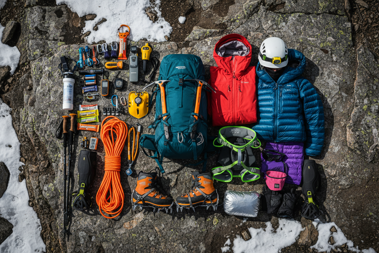 Women's climbing gear spread out on snowy rock